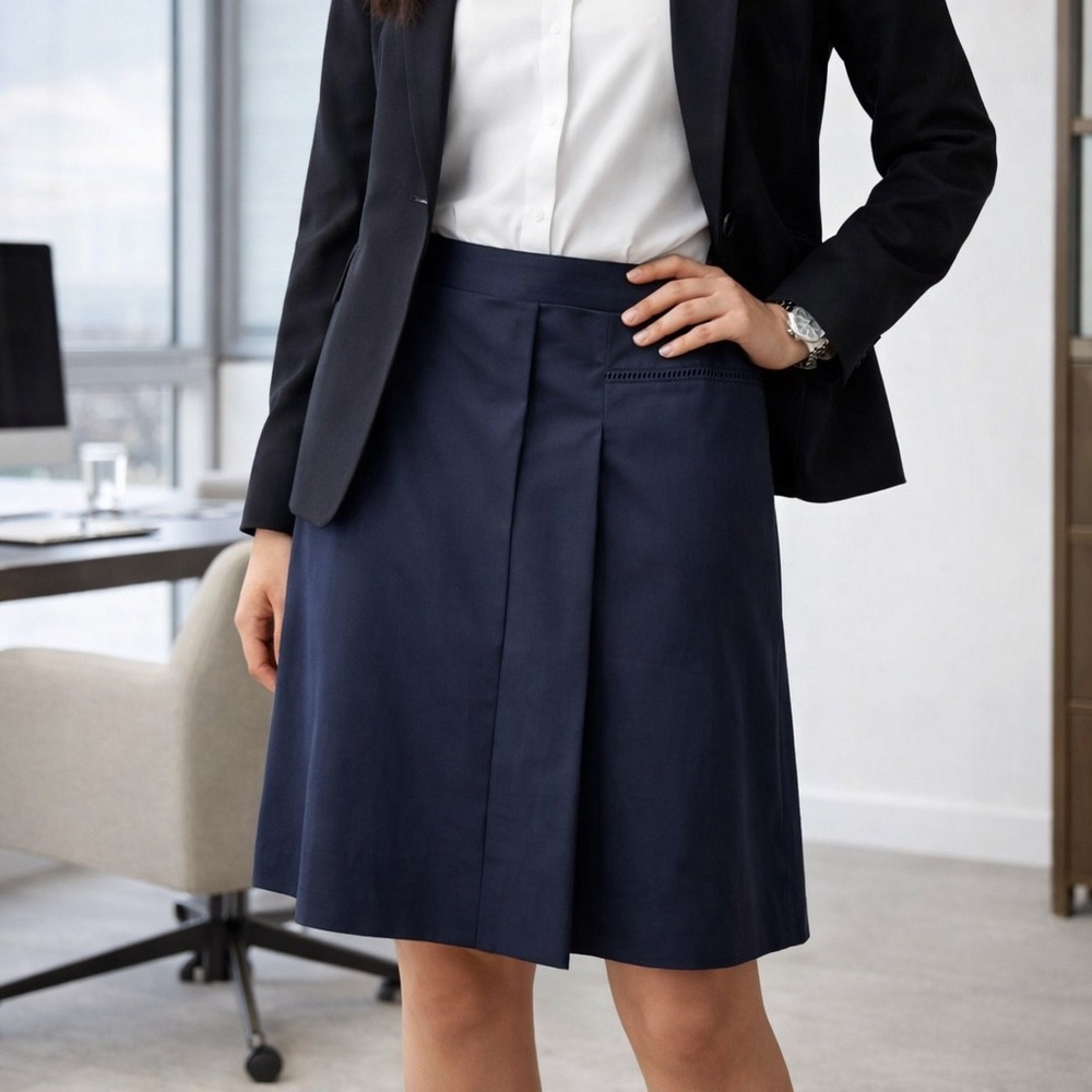 Rene Lezard Night Blue Cotton Side Pleat Skirt Ladder Stitch Trim NWT EU 36 US 4